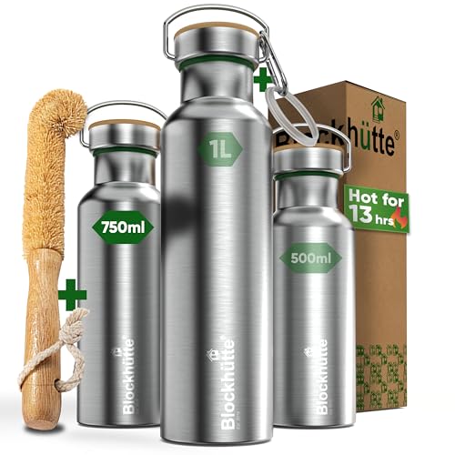 Blockhütte Stainless Steel Water Bottle I 750ml I Insulated Metal Flask, BPA Free, Leakproof, Dishwasher Safe, Ideal for Gym, Travel, Cold Drinks, Reusable, with Natural Cleaning Brush