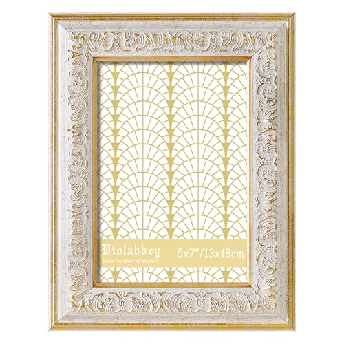 Image of VIOLABBEY 5x7 Picture Frame White, Vintage Frames Ornate without Mat | Antique Photo Frame, Wall Hanging or Tabletop Display, HD Plexiglass, Wall Decor