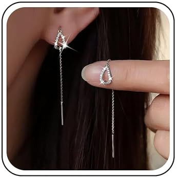 Boho Wedding Teardrop Small CZ Earrings Silver Dainty Pear Shaped Earrings with Pull Through Long Chain Tassel Pendant Crystal Stud Earrings Simple Line Bar Drop Delicate Minimalist Women