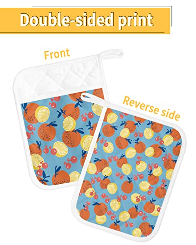 2 Pack Pocket Pot Holders, Orange Lemon Cherry Hot Pads For Kitchen Heat Insulation Potholders, Summer Fruits Farmhouse Blue Pot Holder Oven Mitts Hot Pad Trivet For Baking Cooking 9"X7" #TOP1