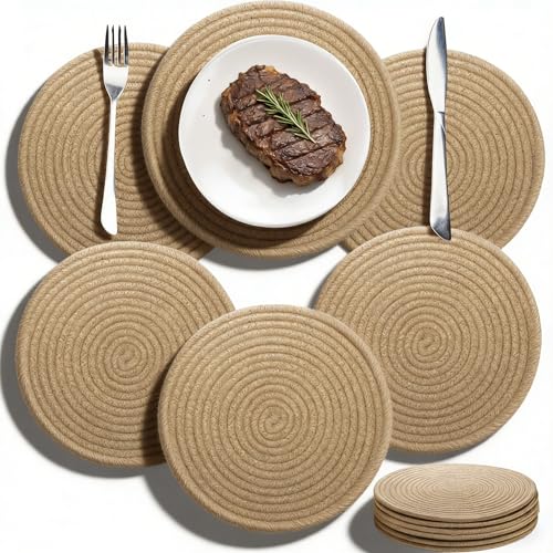 Noamus Paquete de 6 manteles individuales redondos tejidos, manteles individuales trenzados de yute de 12 pulgadas, manteles individuales de ratán de paja natural, resistentes al calor, tapete