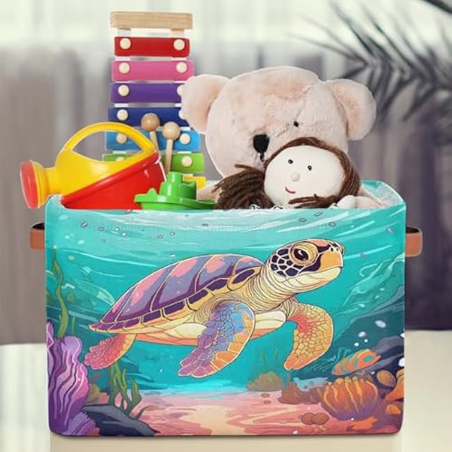 Storage Baskets for Shelves Cartoon Sea Turtle Tortoise Foldable Decorative Storage Basket Bins with Handles Storage Basket Box for Home, 1 Pcs