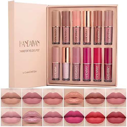 12 Colors Matte & Glossy Liquid Lipstick Set – Book Style Gift Kit for Women & Girls – Long Lasting Waterproof Lip Gloss with Nude, Pink, Red Shades, Non-Sticky, Transfer-Proof Lip Stain (Set A)