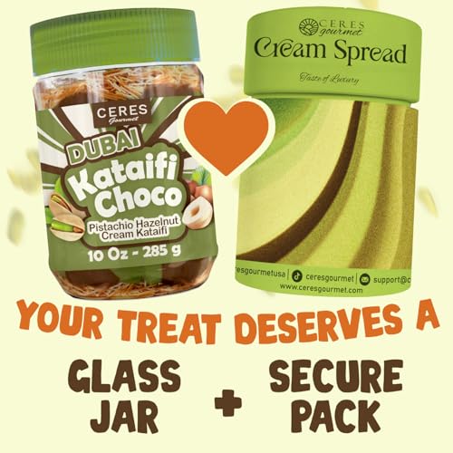 Ceres Gourmet Dubai Spreadable Chocolate– Pistachio Spread with Roasted Phyllo Kataifi, Gourmet Breakfast Choco, Crunchy Dubai Filling (9.7 Oz)