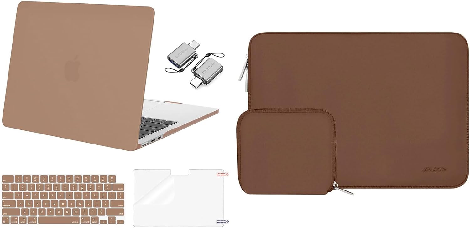 MOSISO Compatible with MacBook Air 13 inch Case 2024 2023 2022 M3 A3113 M2 A2681 Touch ID, Plastic Hard Shell&Keyboard Cover&Screen Film&Type C Adapter&Neoprene Bag with Small Case, Caramel Brown