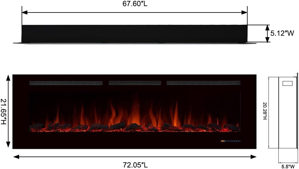 Diagram showing the dimensions of the 72-inch electric fireplace for recessed installation