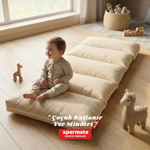 Katlanır Pofuduk Çocuk Yer Minderi Pötikareli Bebek Yer Yatağı Çantalı (Krem)