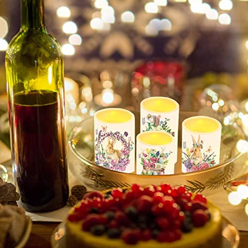 Image of Happy Easter Flameless LED Candles Electric Candles with Remote Timer Colorful Light Control Long Lasting for Easter Day Decorations Pack of 4, Bunny Flower Butterfly Wreath, White