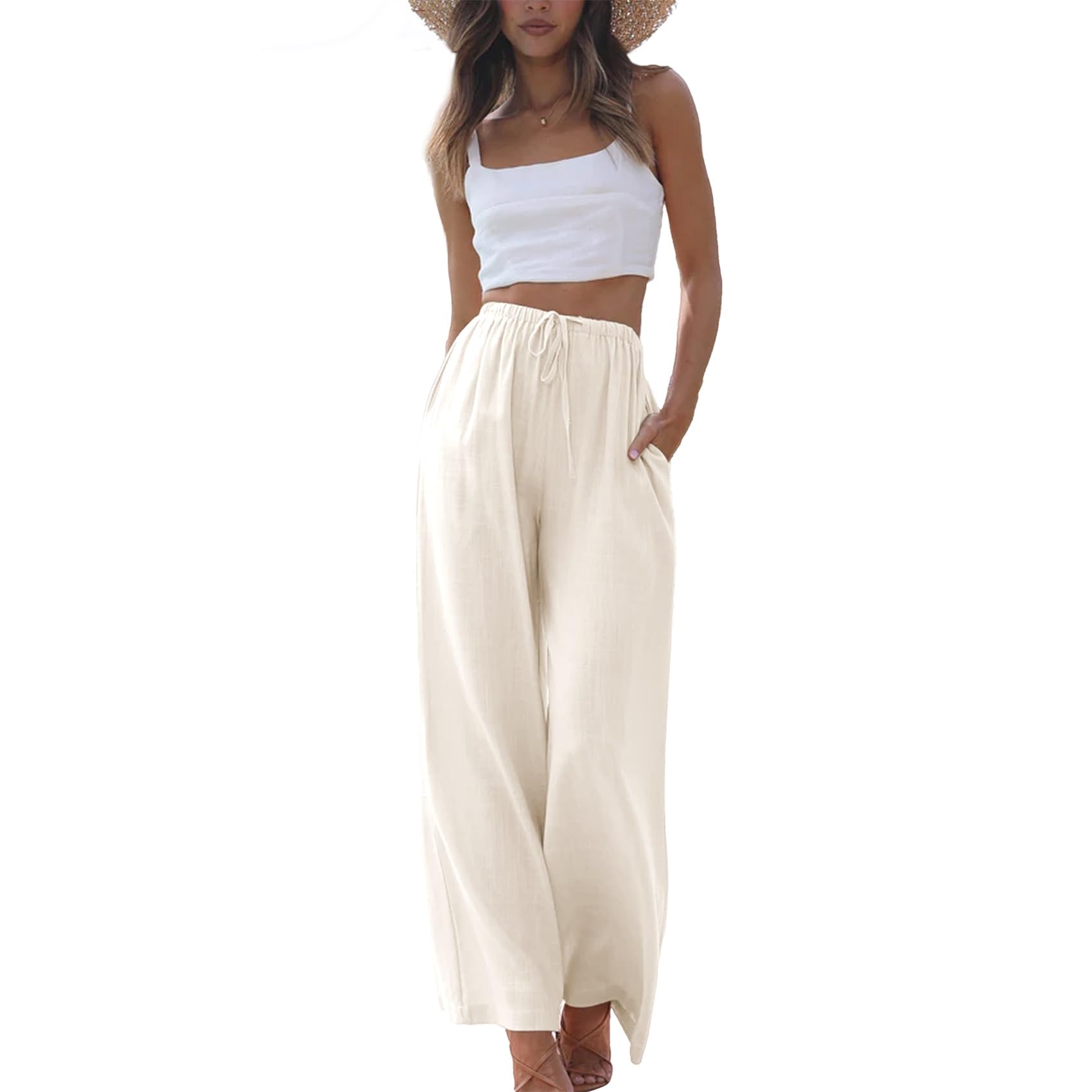 Duyang Womens Cotton Linen Palazzo Pants Drawstring Elastic Waist Casual Wide Leg Trousers with Pockets