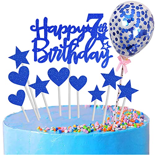 Zayin Personalised Happy 7th Birthday Cake Toppers Set,Happy Birthday Sign for Cake,11p Glitter Balloon Stars Heart Cupcake Topper 7th Birthday Cake Party Decoration Cover