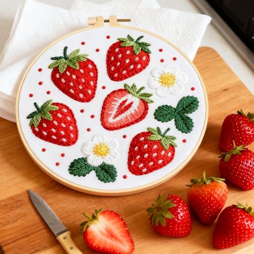 Image of BEUNITONE 4 Set Strawberry Embroidery Kit for Adult Beginners 7.9 inchx7.9 inch DIY Stamped Needlepoint Kits with Pre-Printed Designs, Complete Handmade Embroidery Craft for Relaxing Hobby and Home Decor