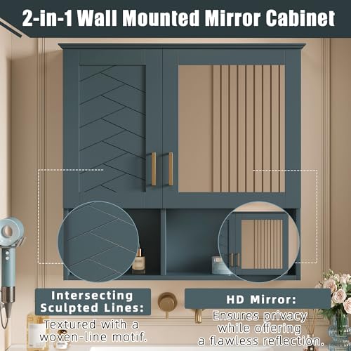 Botiquín de baño empotrado en pared Marzzi con espejo y espacio abierto | Botiquín organizador para baño sobre inodoro de 30" x 28", con puerta espejada, estantes ajustables y almacenamiento miniatura 4