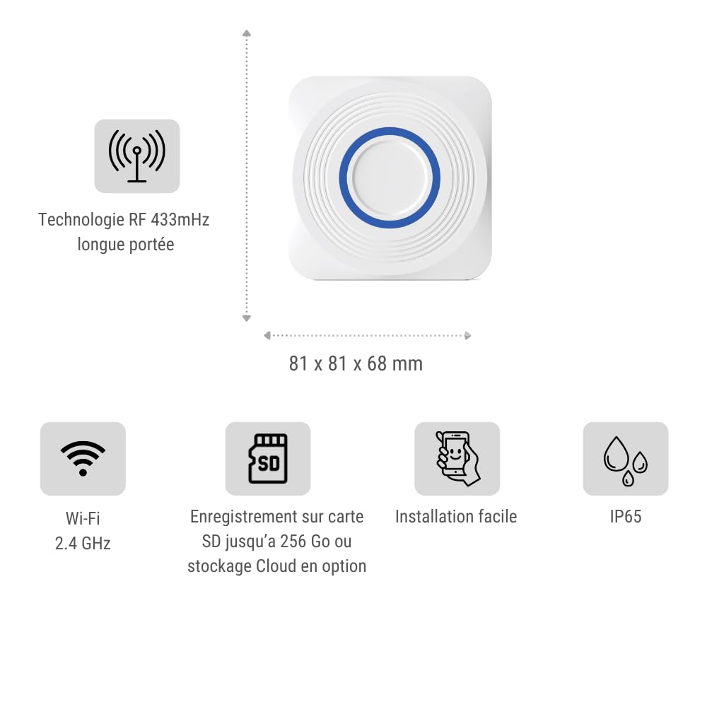 DRINGG, Sonnette connectée WiFi + RF (Bouton IP65 + Carillon intérieur), Notifications sur Smartphone, Longue portée, IP65