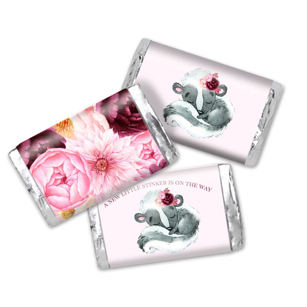 Amanda CreationLittle Stinker Cute Skunk Girl Baby Sprinkle Baby Shower Mini Chocolate Candy Bar Sticker Wrappers, 45 1.4" x 2.6" Wrap Around Labels , Great for Party Favors