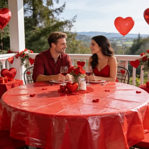Image of 12 Pcs Valentine's Day Plastic Tablecloths, Disposable Round Red White Pink Table Cover 84 Inch Waterproof Table Covers for Valentine's Day Family Wedding Birthday Bridal Shower Party Decorations