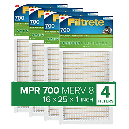 Filtrete 16x25x1 Air Filter, MPR 700, MERV 8, Clean Living Dust, Pollen and Pet Dander Reduction 3-Month Pleated 1-Inch Air Filters, 4 Filters