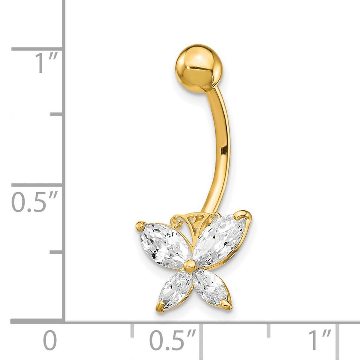 Bauchnabelring aus 10-karätigem Gelbgold, poliert, offener Rücken, Schraubverschluss mit großem Zirkonia, künstlicher Diamant, Schmetterlingsflügel, baumelnder Schmuck, Geschenke für Frauen – hochwertiger als 9 Karat Gold