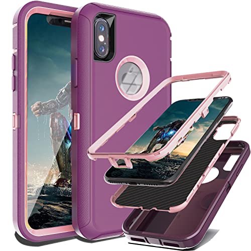 YmhxcY Hülle für iPhone X mit iPhone XS mit Handyhülle Mit Eingebautem Displayschutz,3-in-1 Anti-Drop-Schutzhülle für Apple iPhone X/XS 5,8 Zoll-Wein Rot/Rose Rosa