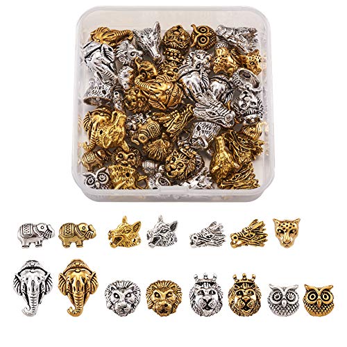 Pandahall 48pcs 8styles Tibetan Style Alloy Animal Head Beads Metal Loose Spacers Beads Elephant Lion Wolf Owl Dragon Head Beads Charms for Men Women Bracelets Jewelry Making