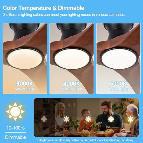 Image of 52 Inch Wood Flush Mount Ceiling Fans with Lights and Remote, Dimmable 3 Blade Wood Bedroom Ceiling Fan with Lights Low Profile Ceiling Fans with Light Outdoor Ceiling Fan for Patios Bedroom