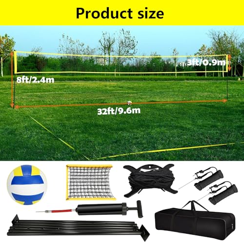 Yoving Volleyballnetz Komplettset 9,5m x 1m | Höhenverstellbares Beachvolleyball Set mit Stahlpfosten | Inkl. Feldmarkierungen (Linien), Volleyball + Tragetasche | Profi Netz für Indoor/Outdoor