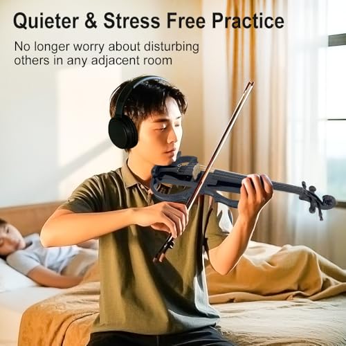 Image of Vetimobato Electric Violin 4 /4 Full Size Solid Wood Silent Violin Set for Adults Beginner Practice Electric Fiddle with Ebony Fittings Hard Case & Bow(4 String Black)
