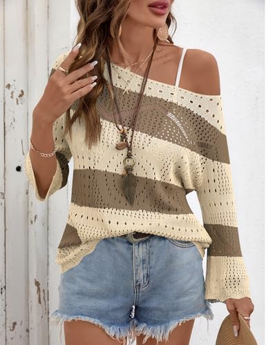 Image of Rapbin Womens Crochet Hollow Out Knit Tops 3 /4 Sleeve Spring Summer Sweaters Beach Cover Ups for Women Trendy 2026