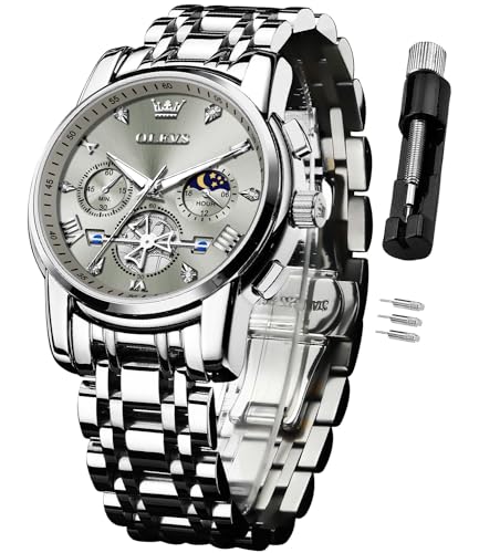 Image of OLEVS Watch for Men Analog Quartz Luxury Diamond Dial Dress Wrist Watches, 2856:Silver Gray, Silver Band Gray Dial | Chronograph, 100Ft Waterproof, Calendar, Luminous, Stainless Steel Strap