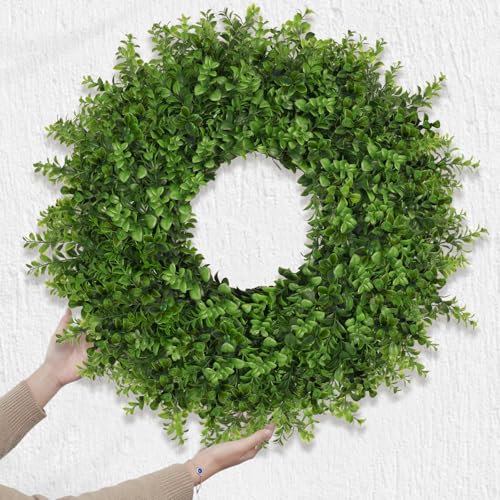 Image of 26 Inch Large Boxwoods Wreaths for Front Door Artificial Green Leaves Greenery Indoor Outdoor Wreath Home Decor Porch Window Wall Farmhouse Door Decorations Spring Summer Fall All Seasons