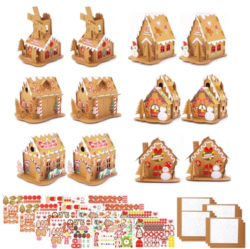 Hophine 12 Sets Christmas Gingerbread House Craft Kit DIY Make Your Own Cardboard House Craft with Stickers Supplies for Christmas Holiday Activities Party Decorations Gift