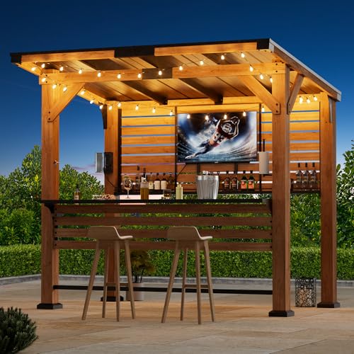 Big Leaf Cedar Wood Entertainment Bar Center, Grill Gazebo with Shelves & Paper Towel Holder, Grill Pavilion Wooden Gazebo Featuring TV Mount and Power Strip for Patio or Garden Use - Image 2