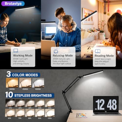 Image of BROLAVIYA Overhead LED Desk Lamp Light with Metal arm Stand,3 Lighting Modes,360 Degree Spin for Home Office,Desktop,Bedroom,Reading, Study lamp etc
