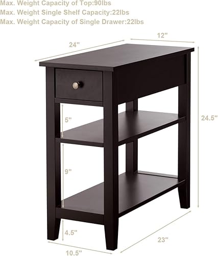Miniatura 3 de GOFLAME Mesa auxiliar estrecha, mesa auxiliar delgada con cajón y 2 estantes de almacenamiento abiertos, mesita de noche pequeña para espacios