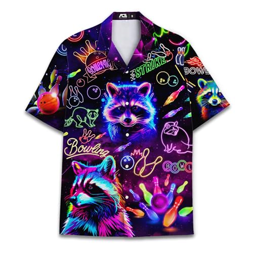 Retro Neon Bowling Raccoon Hawaiian Shirt for Men Vintage Bowling Shirt Mens Hawaiian Shirts Short Sleeve Button Down Shirt 1