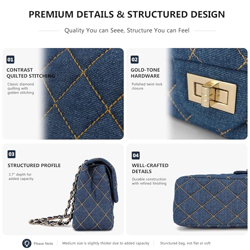 Image of M-ioi-M Quilted Denim Crossbody Bags for Women, Chain Strap Shoulder Bags, Medium Double Flap Purse, Gold Hardware Jean Purse