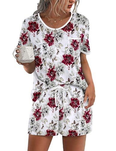 Image of Ekouaer Pajama Set for Women 2 Piece Lounge Set Short Sleeve Tops and Shorts Soft Sleepwear, Chest Pocket