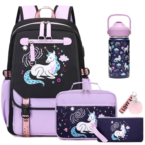 Bevalsa Kids Backpack for Girls with Insulated Water Bottle, Purple Cute Bookbag for Girls Kid, 14oz Termos Kids Water Bottle, Insulated Lunch Bag & Pencial Case, Back To School Gift (Unicorn)