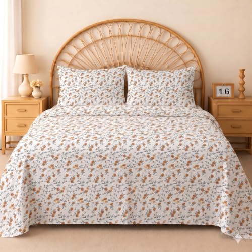 Image of IVAZA 240 TC Soft Ezyption Cotton Floral Print King Size Bedsheet - with 2 Pillow Covers, Hypoallergenic, Brethable, (Size- 90 x 90 Inch) Brown & White