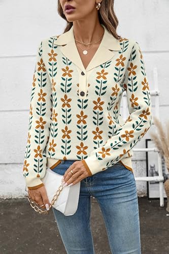 Image of LOMON Sweaters for Women 2025 Fall Knitted V-Neck Collared Button Pullover Dressy Casual Long Sleeve Polo Shirts Business
