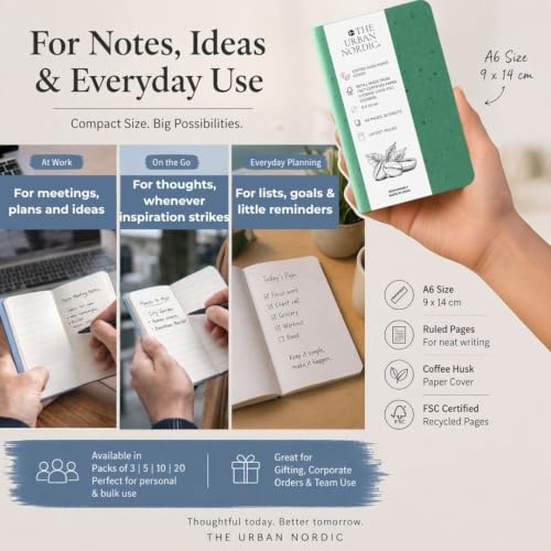 Image of Pocket Notebook A6 Pack of 20 | Mini Notebook for Office, Travel & Daily Notes | Olive Luxe Tree-Free Coffee Husk Paper Cover | FSC Recycled Pages | Small Notepad