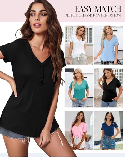 Womens Blouse Short Sleeve Button Down Shirts Business Casual Blouse Basic Tee V Neck Summer Outfit4