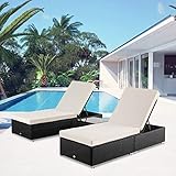 Apepro 3 Pieces Patio Chaise Lounge Furniture Set with Coffee Table Outdoor Adjustable Wicker Lounge Chairs, Outside Rattan Reclining Tanning Chair for Pool Balcony Deck Yard White