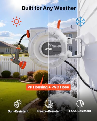 Image of VEVOR Retractable Garden Hose Reel, 1 /2 in x 50 ft, Wall Mounted Hose Reel with 9-Function Sprayer Nozzle and 180 Swivel Bracket, Any Length Lock, Automatic Slow Rewind System, for Garden Watering