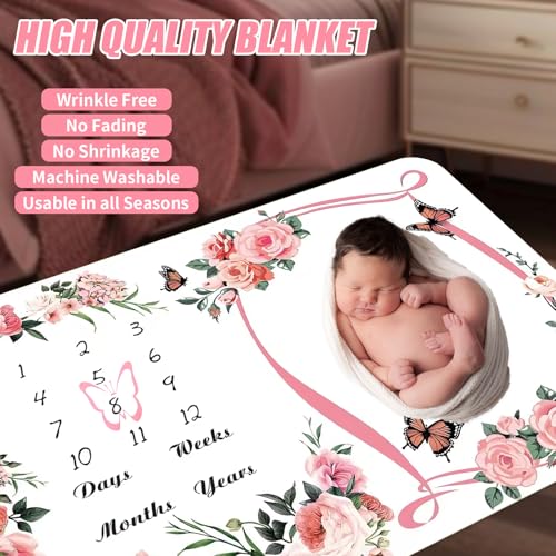 Image of Milestone Blanket for Baby Girl (Pink 60x40 Inches), with Photo Aid Frame, Saliva Towel, Erasable Writing Board, Hair Band, Documenting Growth。