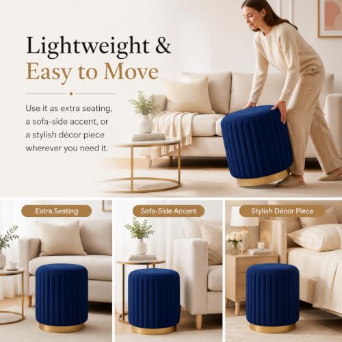 Image of Designer Velvet Round Footstool Ottoman with Sturdy Gold Metal Band Base for Home Decor & Extra Seating, Lightweight Pouf Stool for Sofa Side & Bedroom, 16x16x17 Inch (Royal Blue)