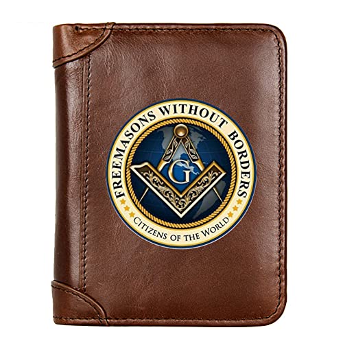 Men's Genuine Leather High Capacity Trifold Short Wallet, RFID Blocking Multifunctional Sleek Slim Photo Window and Credit Card Holder Freemasons Masonic Money Purses,Coffee,Style 1