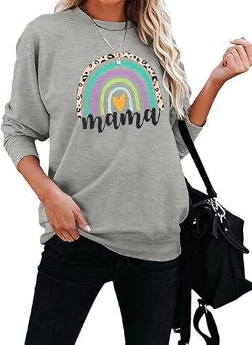 Fryaid Mama Sweatshirt Women Mom Rainbow Graphic Tee Shirts Causal Long Sleeve Pullover Tops #TOP2