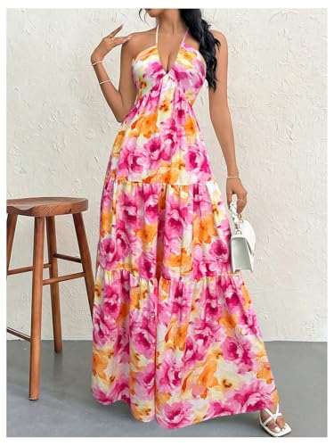 Image of SHENHE Women's Deep V Neck Tie Knot Backless Halter Dress A Line Flowy Ruffle Maxi Dress