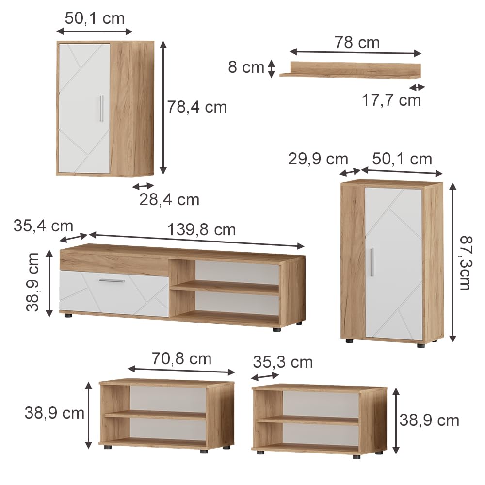 Vicco Parete attrezzata soggiorno Berno, Rovere dorato/Bianco, Set da 6 pezzi