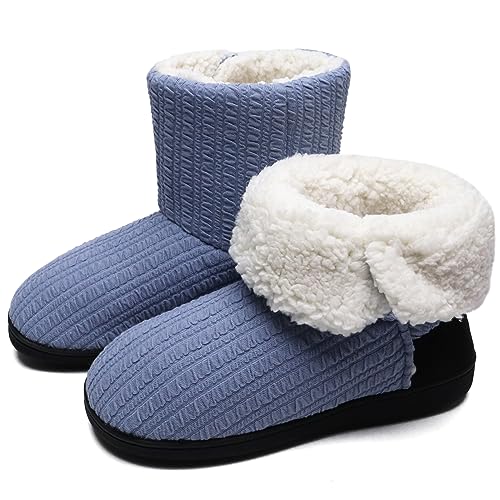 Image of ONCAI Womens Slippers Winter Warm Comfort Knit Fleece Slippers Boots Memory Foam Cotton-blend Ladies Wool Bedroom Shoes Blue UK Size 5-6